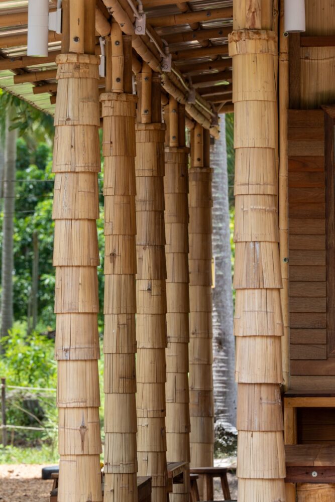 the bamboo column structure showcases the material's structural versatility and potential