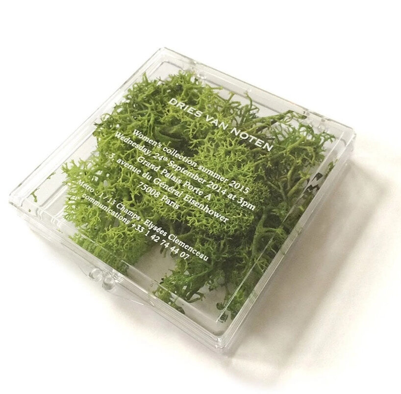 Dries Van Noten filled its invite with moss for its SS15 show | image via @acclaimedgarments