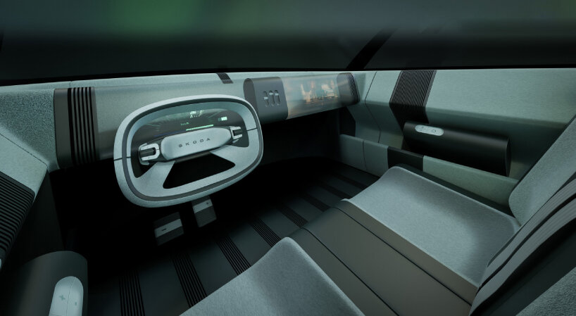 the dashboard comes with glass-covered oval module and projection