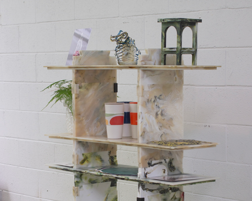 plastic marble display shelf turns upcycled materials into reconfigurable furniture