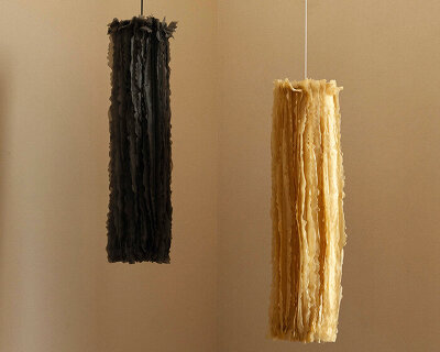 bacterial cellulose transforms into translucent ruffled lighting sculptures