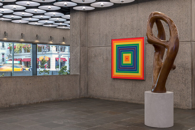Sotheby’s Breuer building lobby, featuring Frank Stella's 'Concentric Square' [left] and Jean Arp's 'Ptolémée III' [right]. photograph by Max Touhey, courtesy Sotheby's