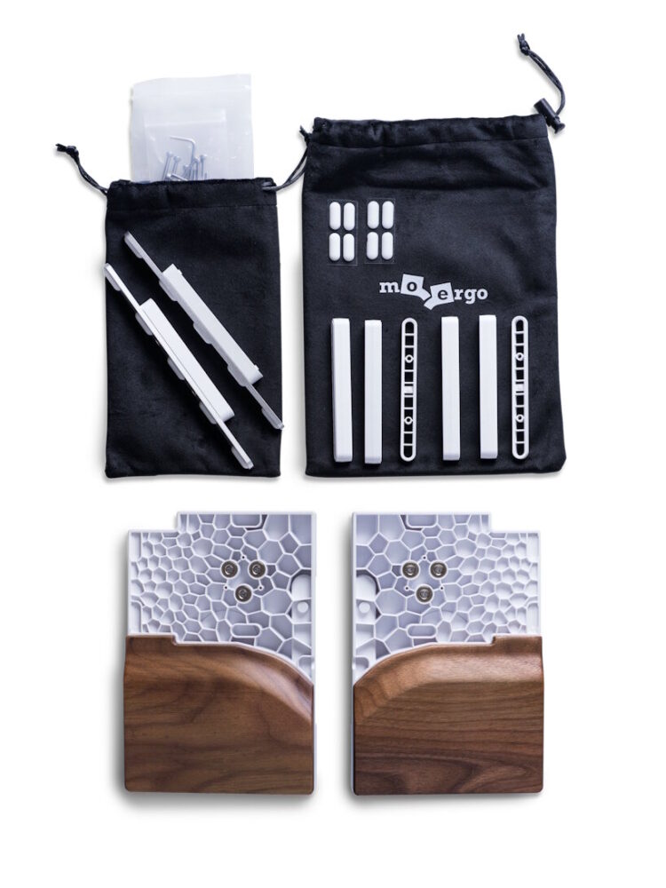 Go60 Palm Rest kit: natural walnut rests, tenting legs, base and accessories for converting the Go60 into a full desk setup