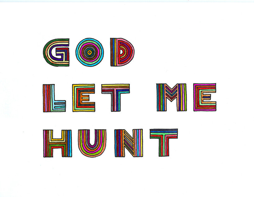 Paola Pivi, God let me hunt 2 (2008), felt-tip pen on paper, framed, 21.6 × 27.9 cm. Courtesy of the artist and Perrotin. © Paola Pivi.