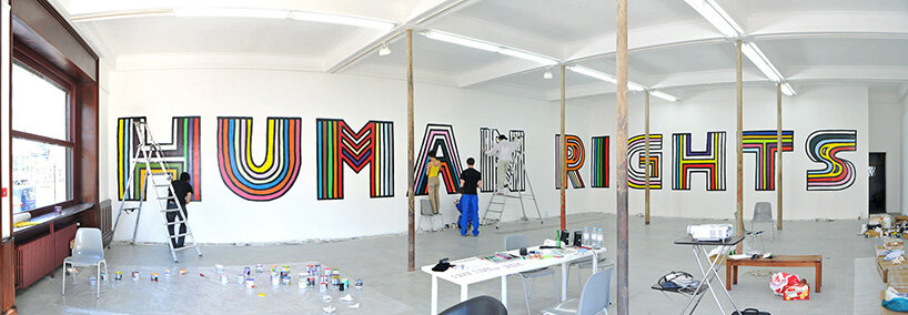 Paola Pivi, Human Rights (2009, work in progress), wall painting, 170 × 2364 cm. Installation view at Le Grand Café – art contemporary center, Saint-Nazaire, 2009. Courtesy of the artist and Perrotin. © Paola Pivi