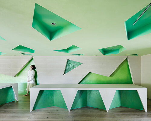 polygonal green cutouts animate kakushin tokyo office’s interiors by moriyuki ochiai architects