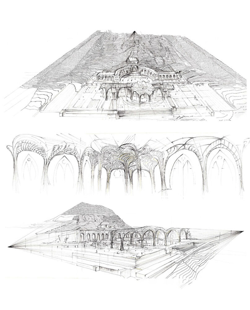 integration with terraced landscapes - a pyramidal hilltop edifice and ornate arched canopies | hand drawing by Ines J. Pedras