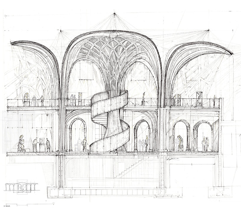 transversal section - central helical staircase and arched galleries | hand drawing by Ines J. Pedras