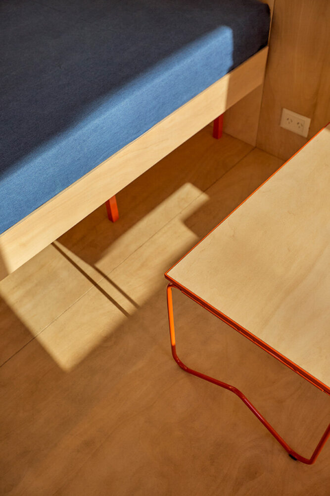 blue and orange hints add color to the interior