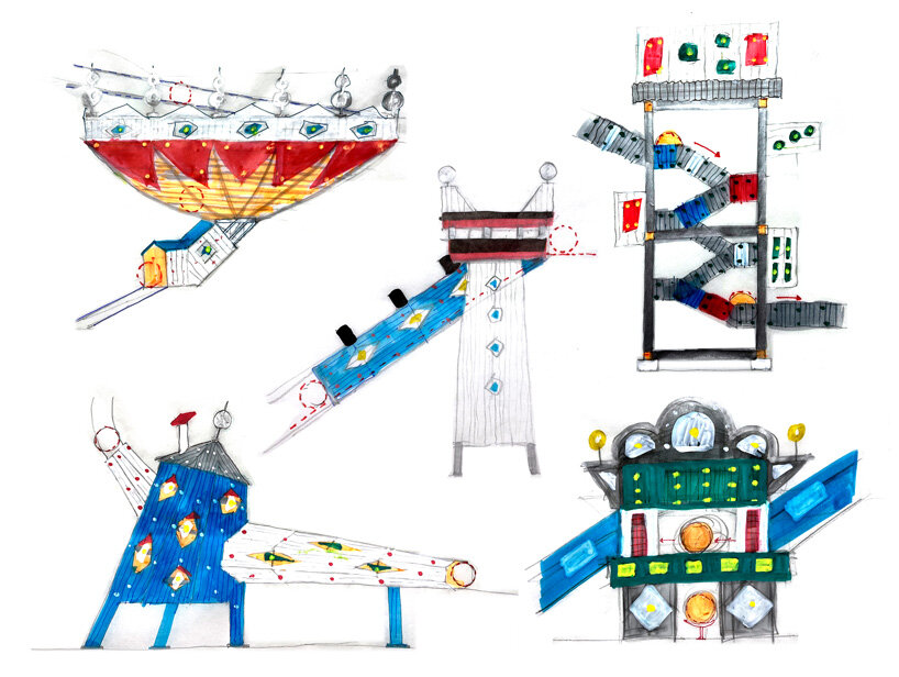 sketches of five miniature buildings | image © Drawing Architecture Studio