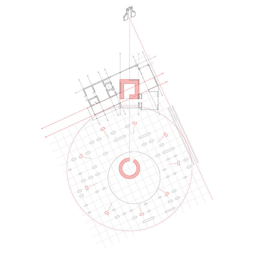 axonometry of formal concept, depicting relationships between church yard gate and project site, between gumno and library, and between the 9 blocks and gumno | drawing by Aleksa Milojevic