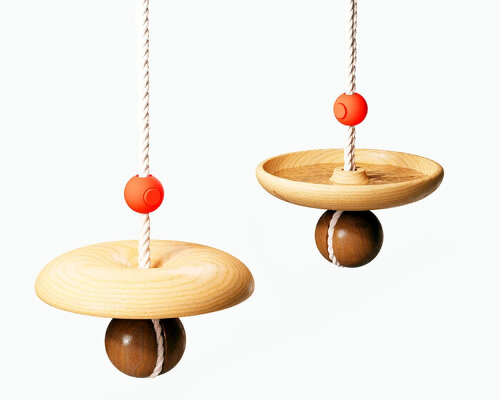 rope swing changes into a bowl feeder for birds by flipping the wooden seat
