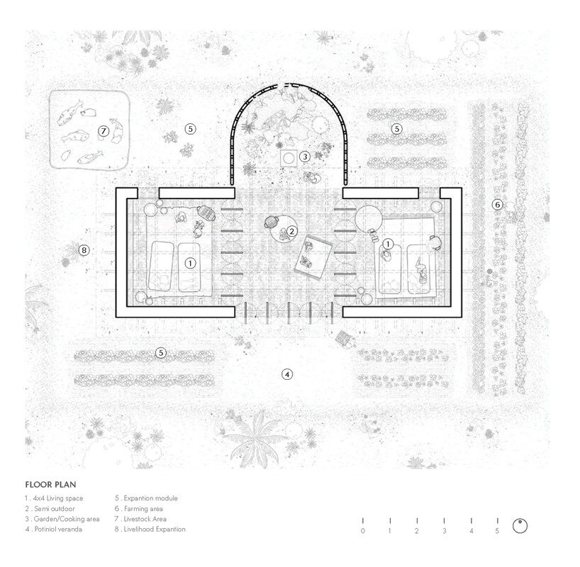 the layout consists of two main enclosed spaces centered around a covered semi-outdoor area