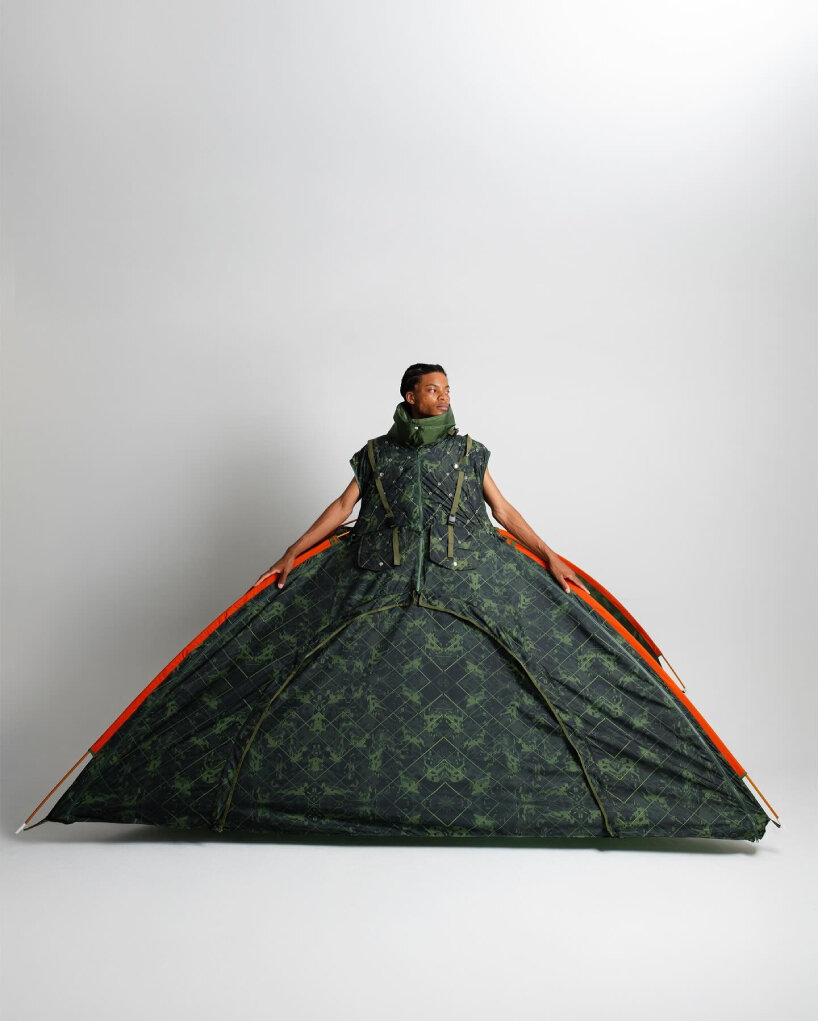 the tent resembles a skirt when the user puts the outerwear on