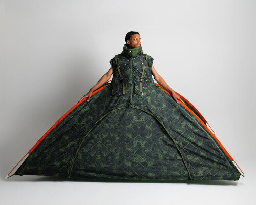 wearable shelter garment transforms into a livable tent with sleeves as backpacks