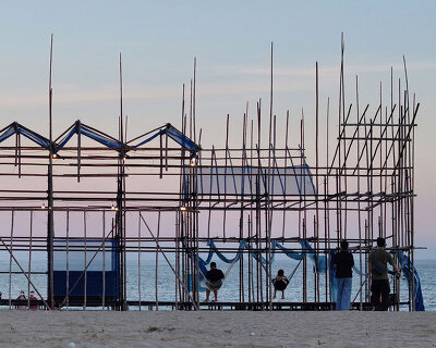 traditional bamboo scaffolding makes up temporary theater along chinese coast