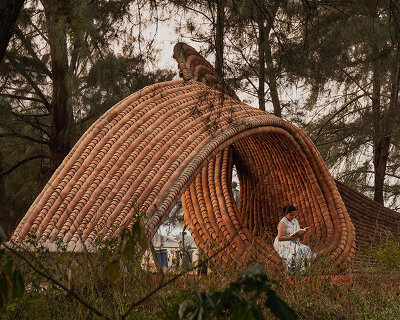 wallmakers sculpts sinuous kulhad pavilion from disused terracotta cups in india