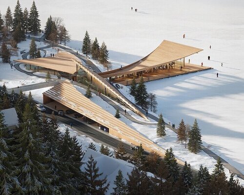cluster of curved rooftops encloses .ket bureau’s lakeside wellness pavilion for st. moritz
