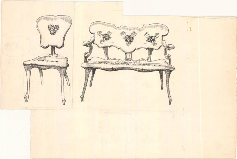 Antoni Gaudí, Calvet Chair and Bench, original sketches, archival image courtesy BD Barcelona