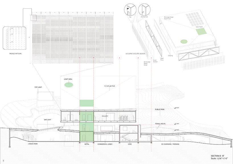 section diagram illustrating the project’s spatial organization, daylighting strategy, and relationship between public circulation and elevated programs