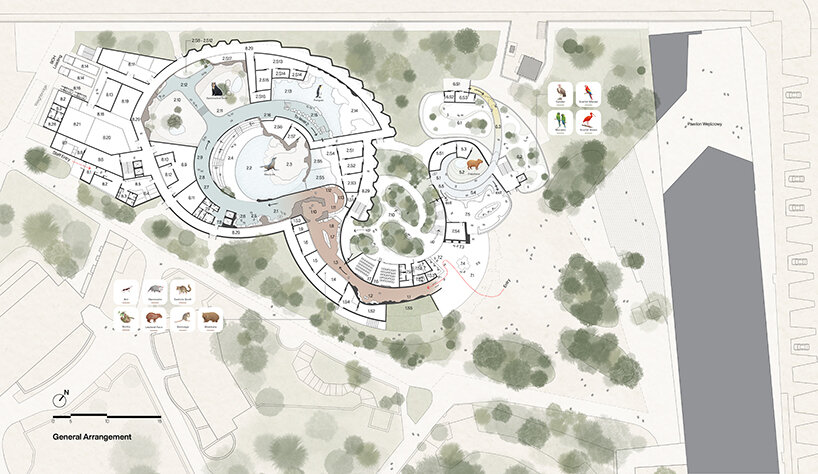 general arrangement plan showcasing spiral path, sea lion courtyard, and central garden