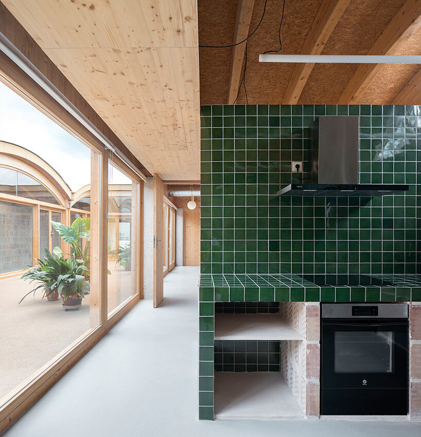 the tiles contrast with exposed timber structure