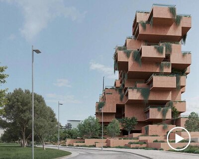 stacked earthen red volumes shape tectonic rhythm of residential tower in athens