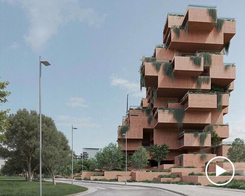 stacked earthen red volumes shape rhythmic residential tower in athens