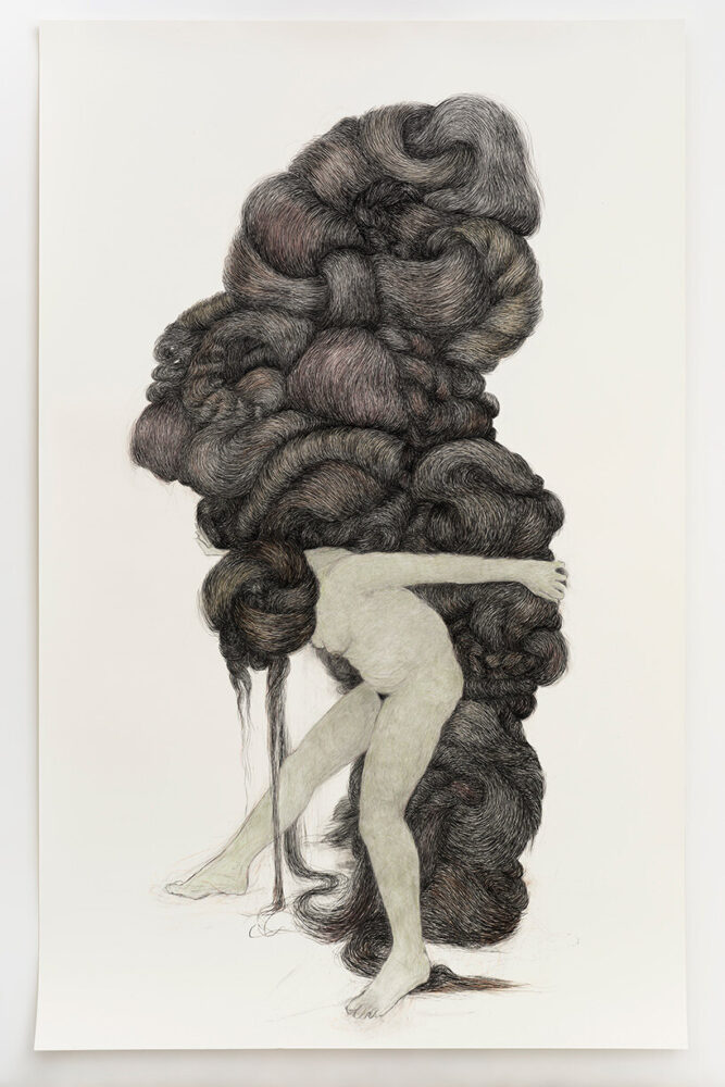 Alice Maher, The Sibyls, 2025. Charcoal, chalk, graphite on Somerset 410 gm paper, each 245 x 152 cm. Acrylic mirrored discs each 90 cm diameter, 36 nickel plated cast bronze sculptures, sizes variable. Courtesy Kevin Kavanagh Gallery. Photo Ros Kavanagh