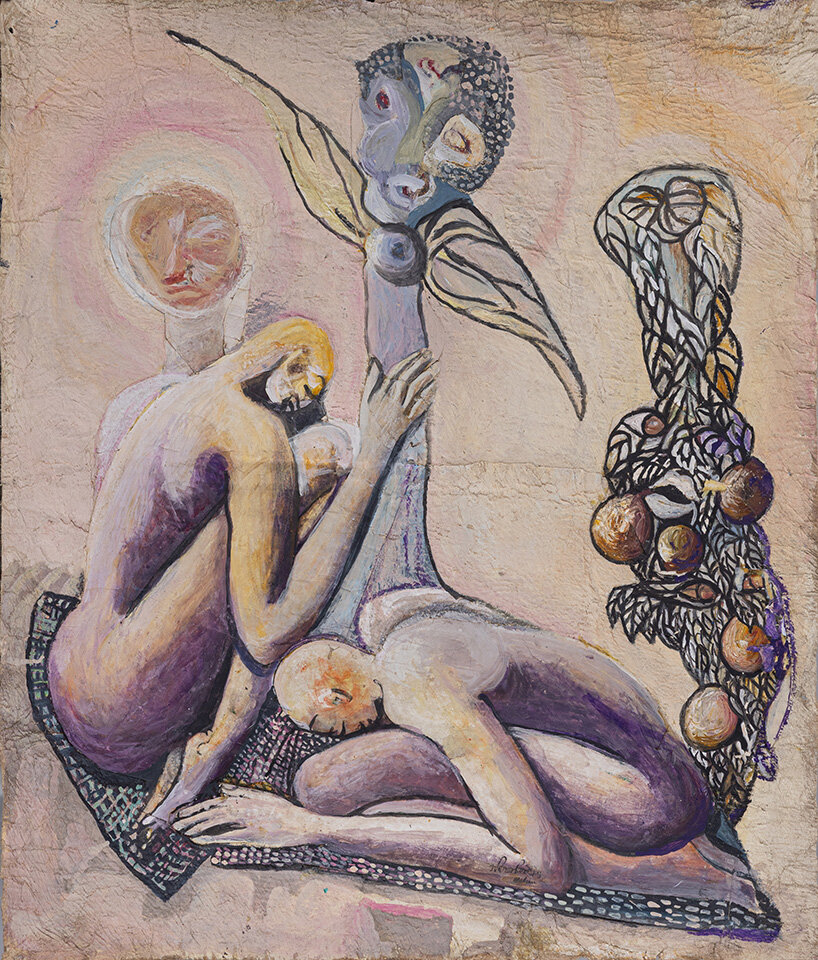 Les dévots du soleil - 2017 - 108 x 91 cm. Acrylic on tree bark. Courtesy of Galerie Cécile Fakhoury