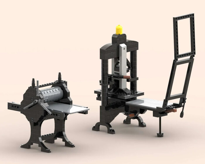 working LEGO printing presses can transfer images and logos onto paper