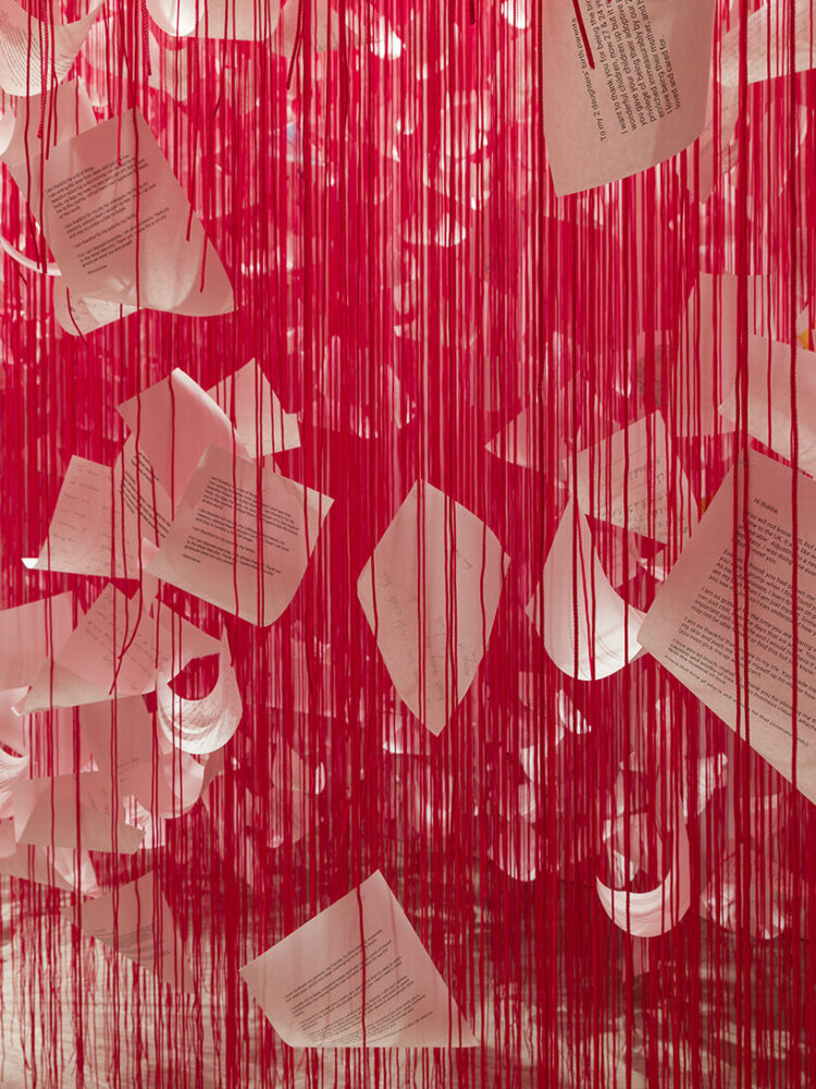 installation view of Chiharu Shiota: Threads of Life. Letters of Thanks (2026) | image by Mark Blower, courtesy of the Hayward Gallery © DACS, London, 2026 and Chiharu Shiota.