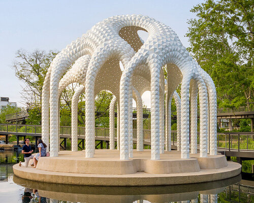 riveted aluminum panels form cocoon-like pavilion by MARC FORNES / THEVERYMANY