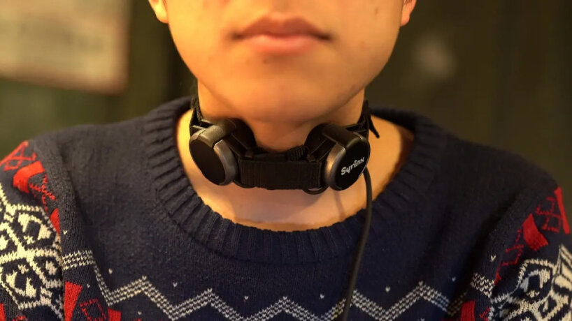 Syrinx is a hands-free device wrapped around the throat