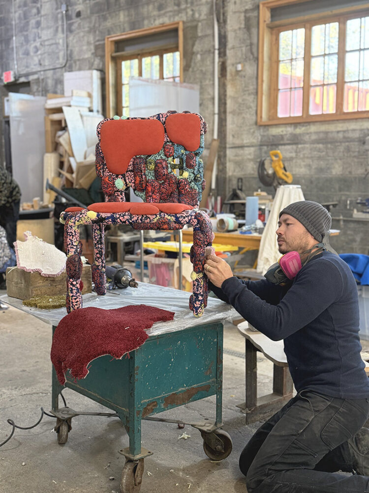 cut into hand-sized tufts, the fibers are heated, melted, and grafted over furniture forms