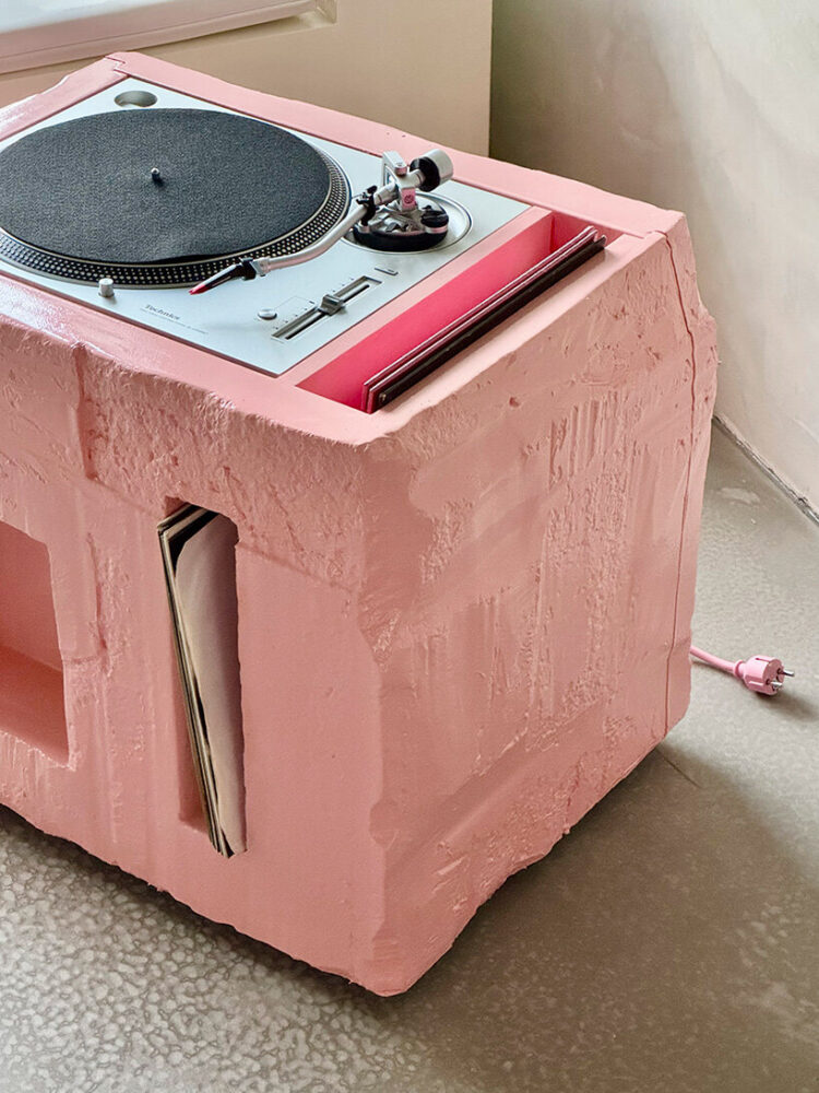 the piece is constructed on a wooden frame layered with dense foam