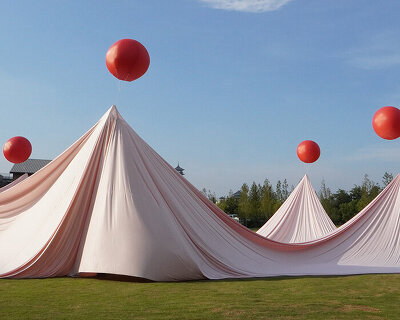red balloons lift flowing pink fabric in china to form floating playground installation