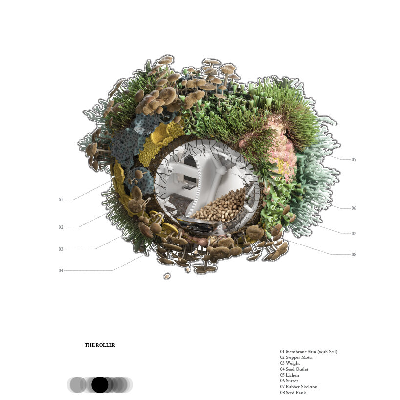 technical axonometric of the Roller: an organic, lightweight seeder that rolls unpredictably across the landscape and features an internal seed bank and a membrane skin that grows lichen over time