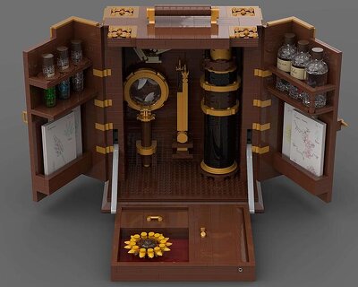miniature LEGO tools compose a vintage portable field kit for botanical exploration