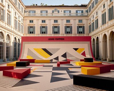 louis vuitton translates bookbinding patterns into walkable courtyard installation in milan