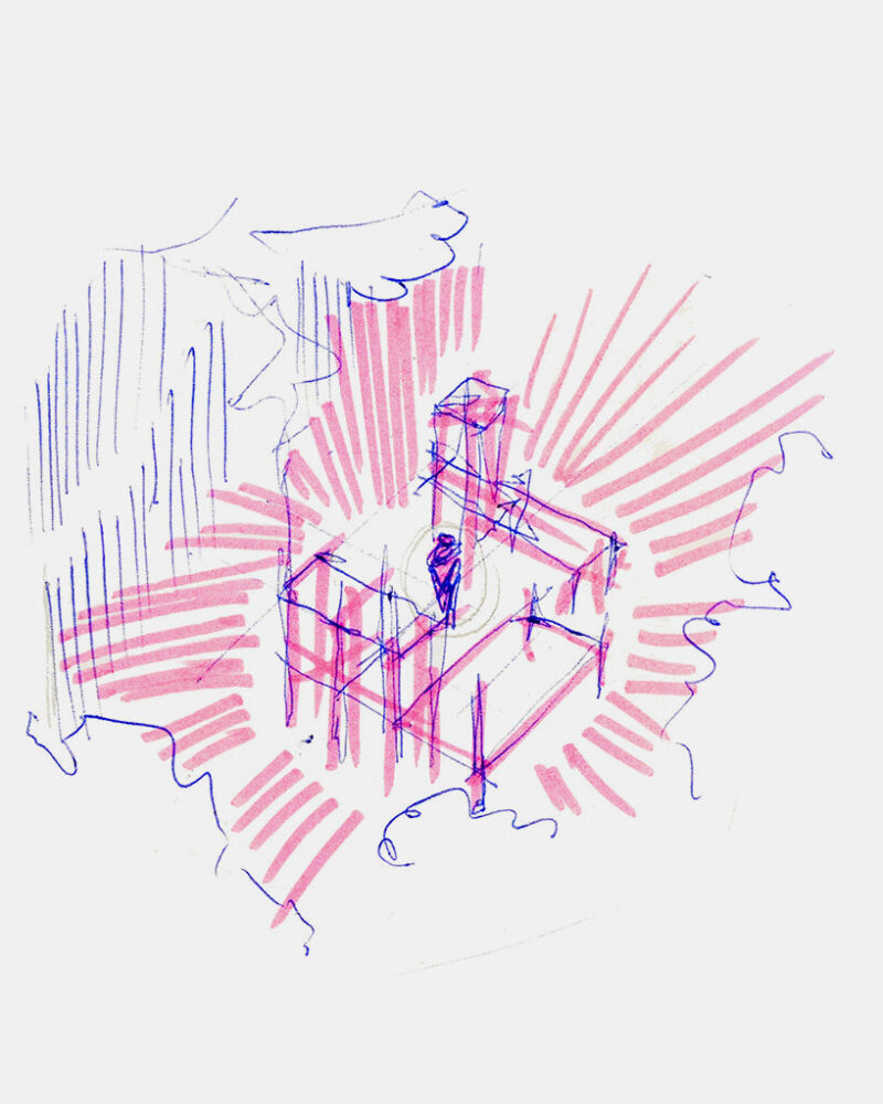 early sketch explores structure emerging from gathered branches and spatial interaction
