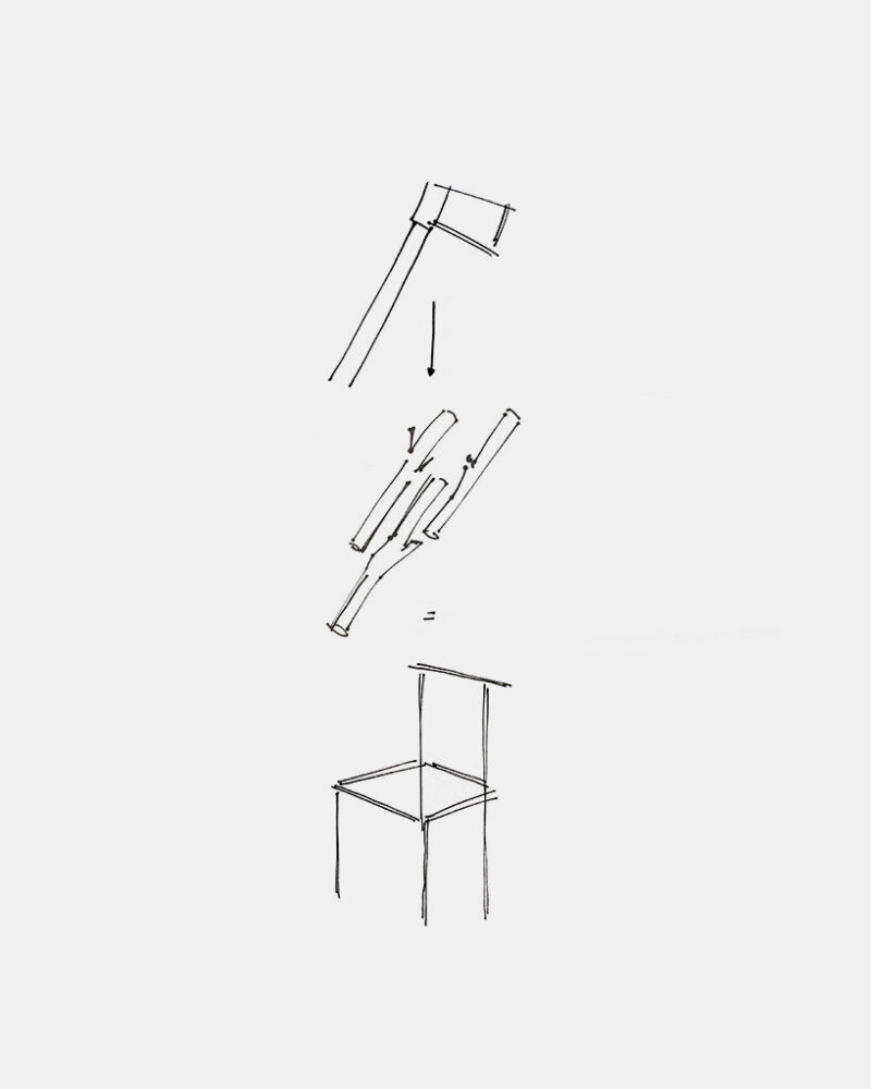 diagram traces the transition from raw elements to assembled chair through sequential steps