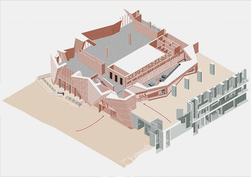 drawing Study Axonometric - podium entrance, podium level gallery, isometric study by O’Donnell + Tuomey