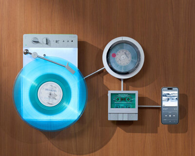 wall-mounted vinyl player connects with CD and cassette decks for triple listening session