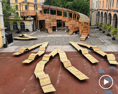 uv lab reimagines arcadia as a layered timber gathering installation in lyon