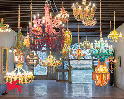 candy chandeliers slowly dissolve through venetian palazzo in exploration of fragile joy