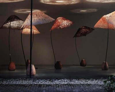 bamboo and linen shape light sculptures informed by forest and underwater light