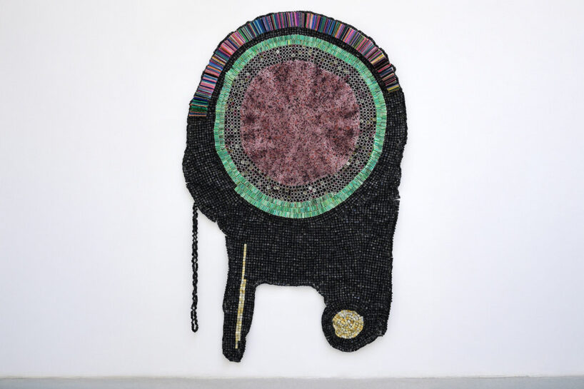 Moffat Takadawi, Pink Nails, 2026, keyboard keys, plastic toothbrush heads, combs, and nail polish parts. image courtesy the artist and Semiose, Paris