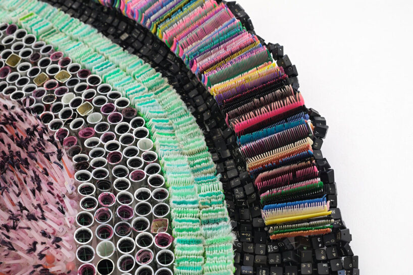Moffat Takadawi, Pink Nails (detail), 2026, keyboard keys, plastic toothbrush heads, combs, and nail polish parts. image courtesy the artist and Semiose, Paris