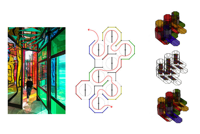 the installation shapes a cellular network of eight extruded octagons and four squares with revolving doors